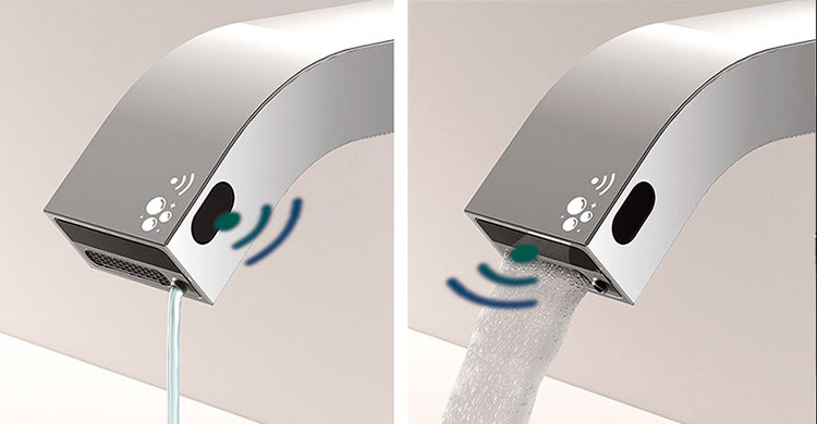 Grifo electrónico de lavabo que sirve agua y jabón al mismo tiempo