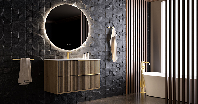 Colección de muebles de baño de madera laminada en color natural 