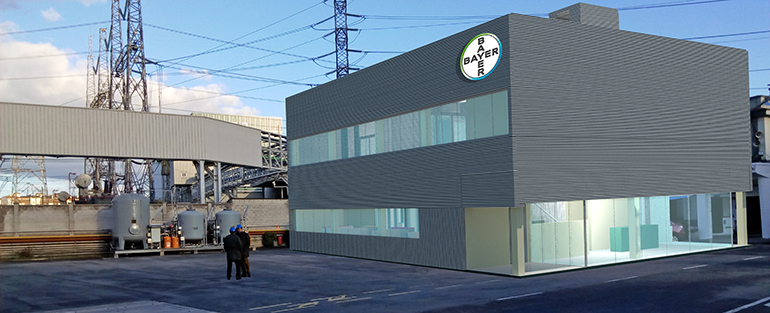 La fachada del nuevo edificio de Bayer en Asturias trabaja de forma activa en la reducción de partículas NOx