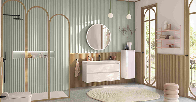 Colección de baño con diseño asimétrico y soluciones modulares